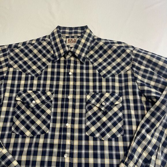 Ely Cattleman VTG Navy Blue Long Sleeve Plaid Pearl Snap Button Up Shirt Medium - Picture 2 of 7